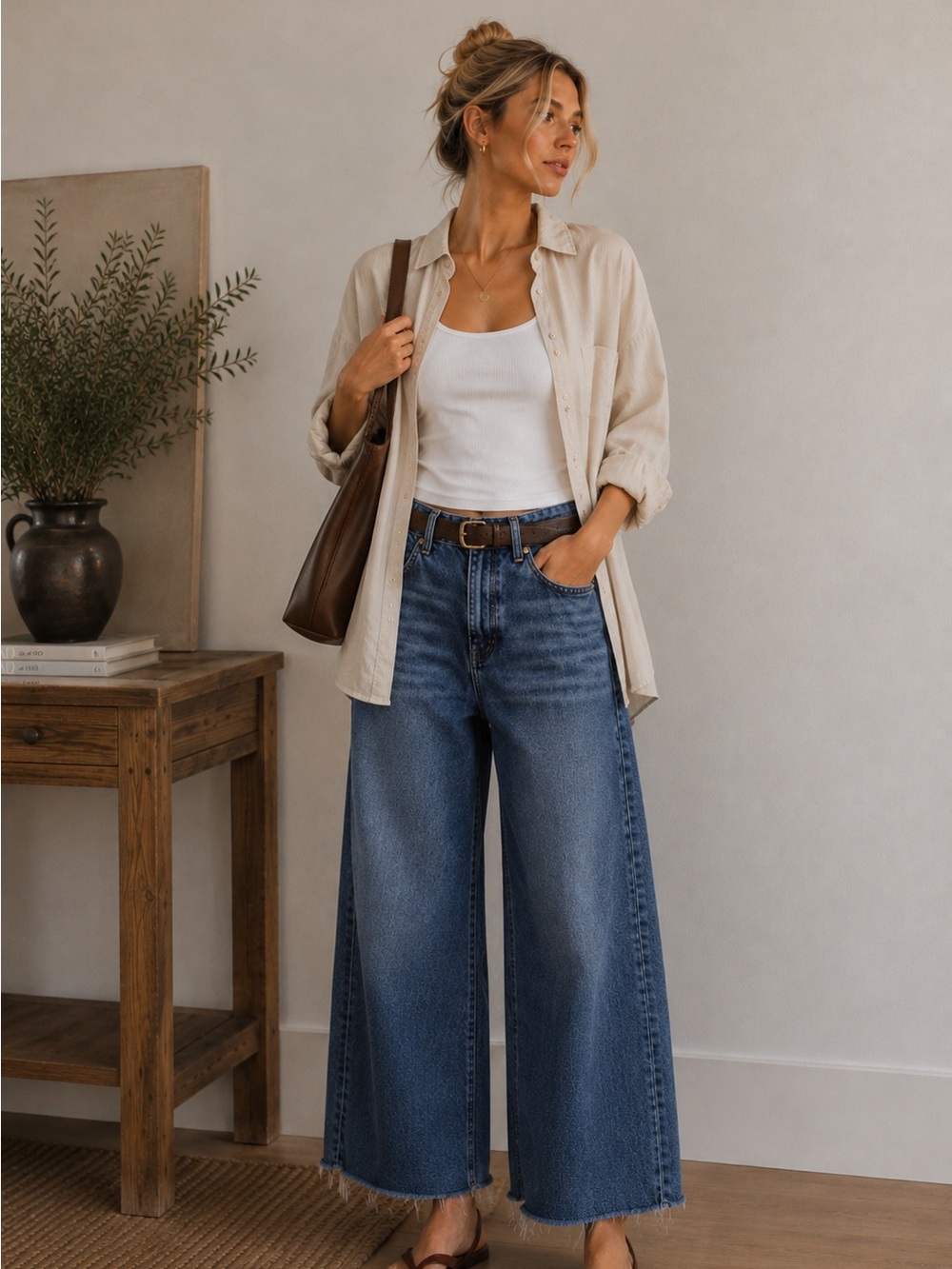American Eagle Outfitters Women's Dark Blue Wide-Leg Jeans